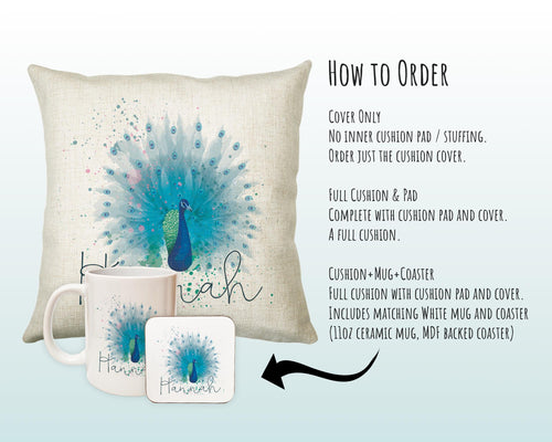 Personalised Peacock Cushion Gift Printed Name Design - Cushion Throw Pillow Gift For Boys Nursery Bedroom Birthday Christmas Gift CS382
