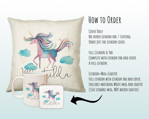 Personalised Unicorn Cushion Gift Printed Name Design - Cushion Throw Pillow Gift For Girls Nursery Bedroom Birthday Christmas Gift CS034