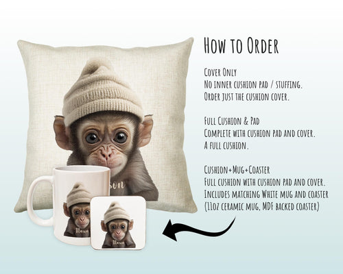 Birthday Gift For Boy Baby Monkey Cushion Gift Printed Name Design Cushion Throw Pillow Gift For Boys Nursery Bedroom Animal Gift CS540