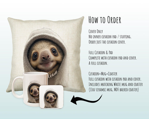 Birthday Gift For Boy Girl Sloth Cushion Gift Printed Name Design Cushion Throw Pillow Gift For Girls Nursery Bedroom Animal Gift CS533