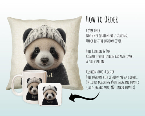 Birthday Gift For Boy Baby Panda Bear Cushion Gift Printed Name Design Cushion Throw Pillow Gift For Boys Nursery Bedroom Animal Gift CS529