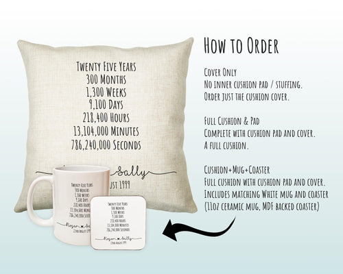 Personalised 25th Anniversary Cotton Gift Cushion Twenty Five Years Custom Design Gift Valentines Present Wedding Cushion Pillow Gift CS555