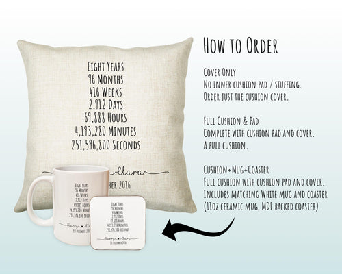 Personalised 8th Anniversary Cotton Gift Cushion Eight Years Custom Design Gift Valentines Present - Wedding Cushion Pillow Gift CS552