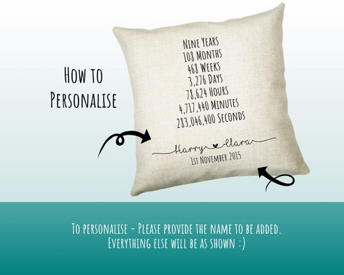 Personalised 9th Anniversary Cotton Gift Cushion Nine Years Custom Design Gift Valentines Present - Wedding Cushion Pillow Gift CS553