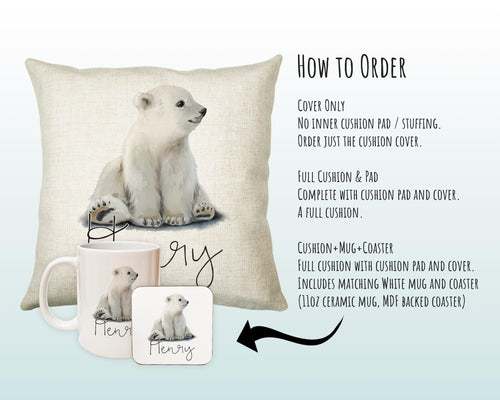 Personalised Polar Bear Cub Cushion Gift Printed Name Design - Cushion Throw Pillow Gift For Boys Nursery Bedroom Birthday Gift CS466