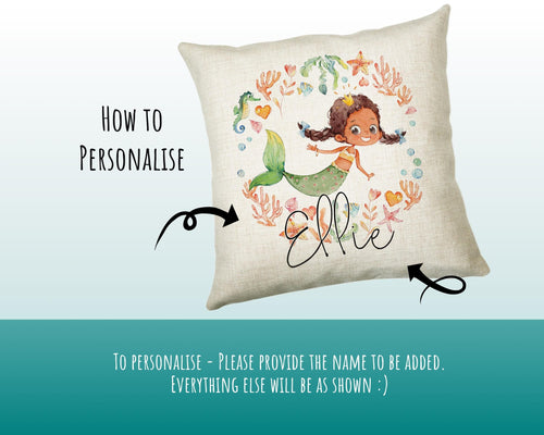Personalised Brunette Mermaid Cushion Gift Printed Name Design - Throw Pillow Gift For Girls Nursery Bedroom Birthday Christmas Gift CS200