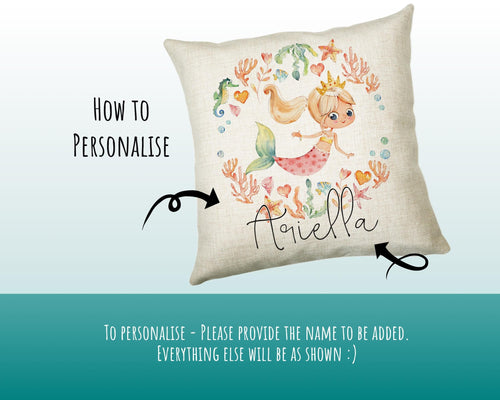 Personalised Blonde Mermaid Cushion Gift Printed Name Design - Throw Pillow Gift For Girls Nursery Bedroom Birthday Christmas Gift CS199