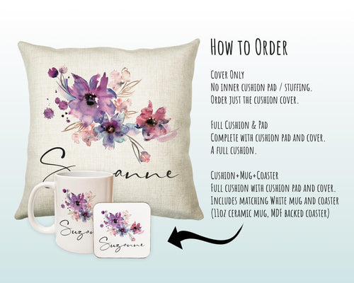 Personalised Watercolour Flowers Cushion Gift Printed Name Design - Cushion Throw Pillow Gift For Sitting Room Bedroom Birthday Gift CS489