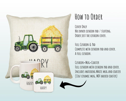 Personalised Tractor Cushion Gift Printed Name Design - Pillow Gift For Girls Boys Nursery Bedroom Farm Animal Decor Birthday Gift CS507