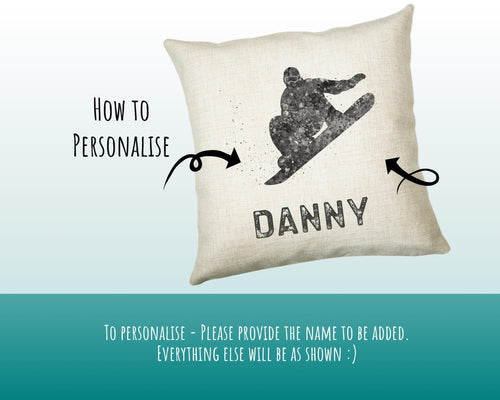 Personalised Snowboarding Cushion Gift Boys Girls Bedroom Printed Name Design - Pillow Gift Skiing Mountain Decor CS268