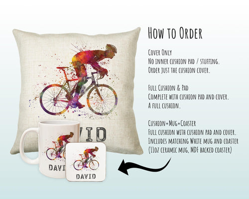 Personalised Cycling Cushion Gift Boys Girls Bedroom Printed Name Design - Birthday Pillow Gift Sport Competition Decor  CS271