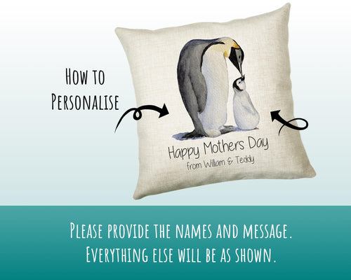 Personalised Penguin Mothers Day Mum Cushion Gift - Penguins Theme Throw Pillow From Kids Son Daughter Girl Boy Mummy Mother CS131