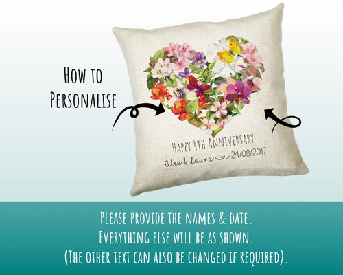 Personalised 4th Flower Anniversary Gift Cushion 4 Years Custom Design Gift Valentines Present - Wedding Cushion Pillow Gift CS374