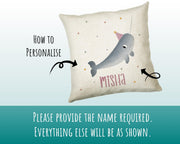 Personalised Narwhal Cushion Girls Boys Gift Printed Name Design - Custom Pillow For Girls Boys Nursery Bedroom Decor Gift CS276