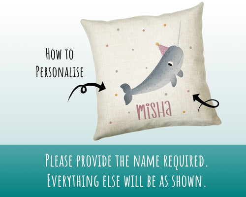 Personalised Narwhal Cushion Girls Boys Gift Printed Name Design - Custom Pillow For Girls Boys Nursery Bedroom Decor Gift CS276