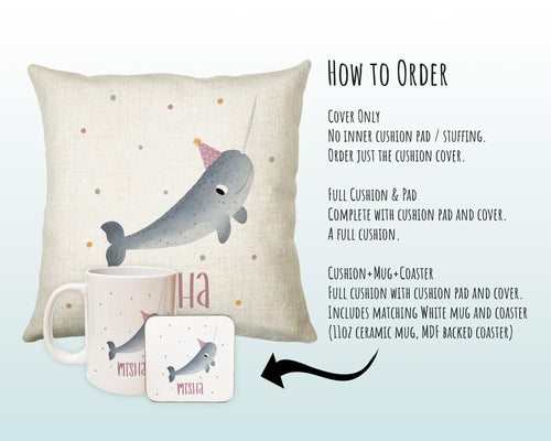Personalised Narwhal Cushion Girls Boys Gift Printed Name Design - Custom Pillow For Girls Boys Nursery Bedroom Decor Gift CS276