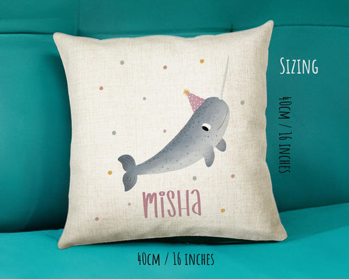 Personalised Narwhal Cushion Girls Boys Gift Printed Name Design - Custom Pillow For Girls Boys Nursery Bedroom Decor Gift CS276