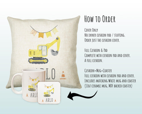 Personalised Digger Cushion Gift Boys Bedroom Printed Name Design - Pillow Gift For Girls Boys Nursery Decor Gift CS260