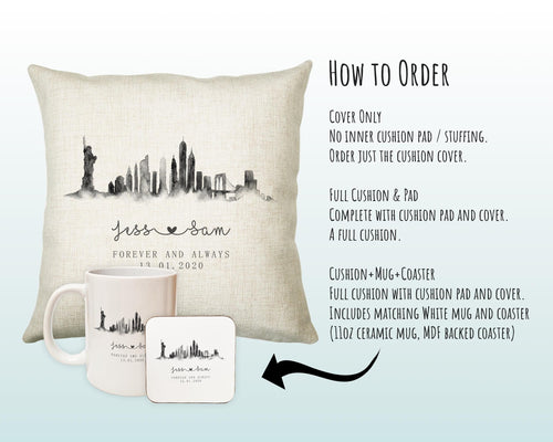 Personalised New York City Watercolour Anniversary Cushion Custom Design Gift Valentines Present - Wedding Cushion Pillow Gift CS259