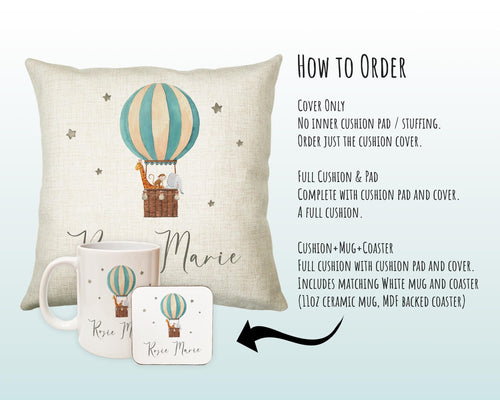 Personalised Baby Cushion New Baby Gift Hot Air Balloon Printed Name Design - Pillow Gift For Girls Boys Nursery Bedroom Decor Gift CS245