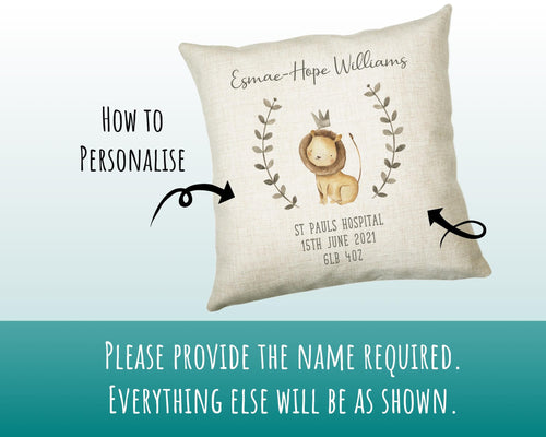 Personalised Baby Cushion New Baby Safari Theme Gift Printed Name Design - Pillow Gift For Girls Boys Nursery Bedroom Decor Gift CS235