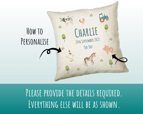 Personalised Farm Animal Cushion Gift Printed Name Design - Pillow Gift For Girls Boys Nursery Bedroom Farmyard Decor Birthday Gift CS298
