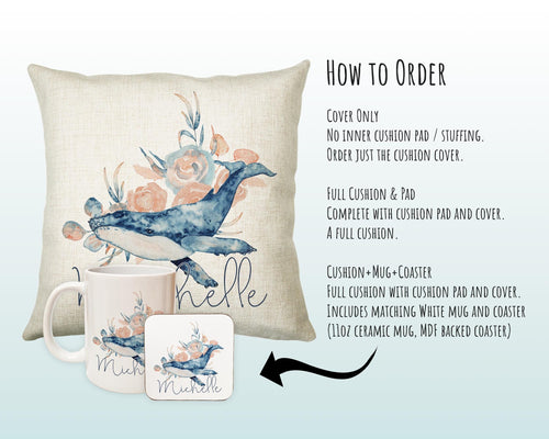 Personalised Whale Cushion Gift Printed Name Design - Nautical Sea Ocean Throw Pillow Gift For Her Mum Gift Christmas Gift CS205