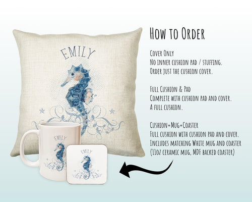 Personalised Seahorse Cushion Gift Printed Name Design - Nautical Sea Horse Throw Pillow Gift For Her Mum Gift Christmas Gift CS202
