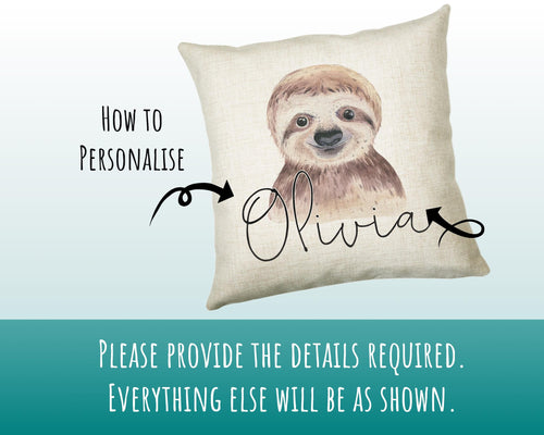 Personalised Sloth Cushion Gift Printed Name Design - Cushion Throw Pillow Gift For Boys Nursery Bedroom Birthday Christmas Gift CS027