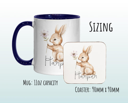 Personalised Bunny Rabbit Gift Mug - Ceramic Coffee Tea Hot Chocolate Mug Coaster Cute Rabbit Flowers Animal - Secret Santa Gift Idea MG0868