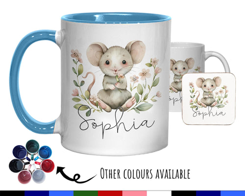 Personalised Mouse Gift Mug - Ceramic Coffee Tea Hot Chocolate Mug Coaster Cute Mouse Flowers Animal Lover - Secret Santa Gift Idea MG0869