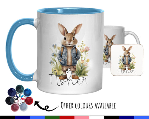 Personalised Bunny Rabbit Gift Mug - Ceramic Coffee Tea Hot Chocolate Mug Coaster Cute Rabbit Flowers Animal - Secret Santa Gift Idea MG0879