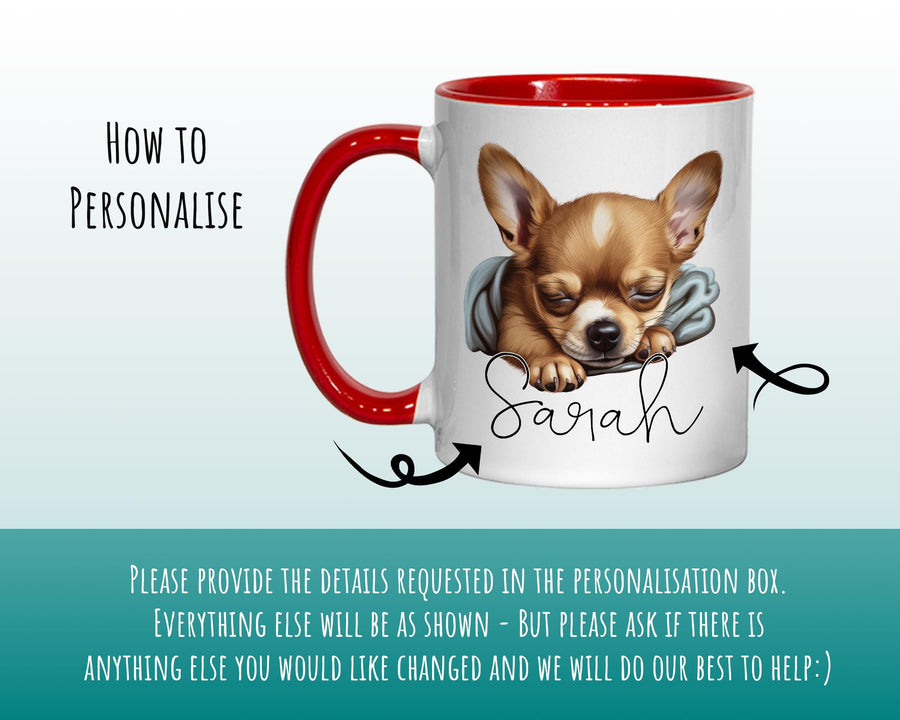 Personalised Chihuahua Dog Gift Mug - Ceramic Coffee Tea Chocolate Mug Coaster Sleeping Puppy Design Dog Mum Dad Owner Secret Santa MG0913