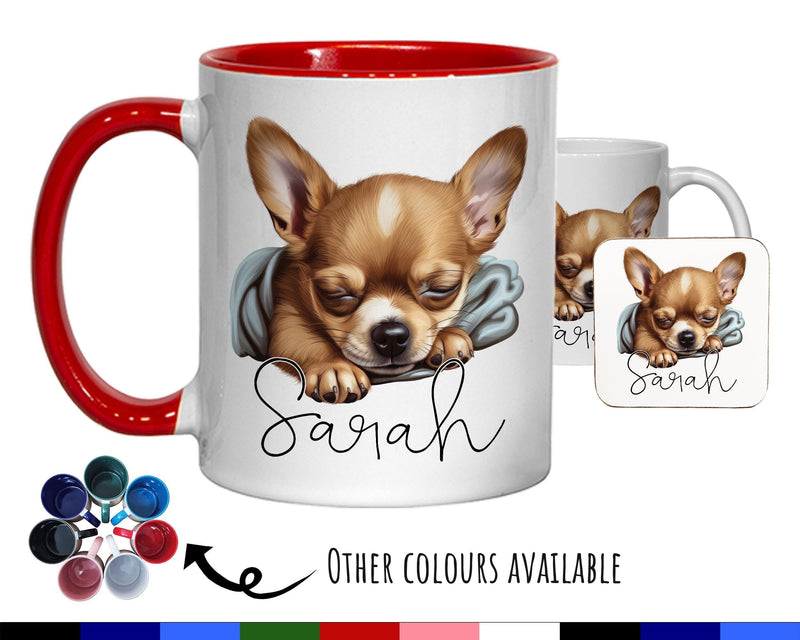 Personalised Chihuahua Dog Gift Mug - Ceramic Coffee Tea Chocolate Mug Coaster Sleeping Puppy Design Dog Mum Dad Owner Secret Santa MG0913