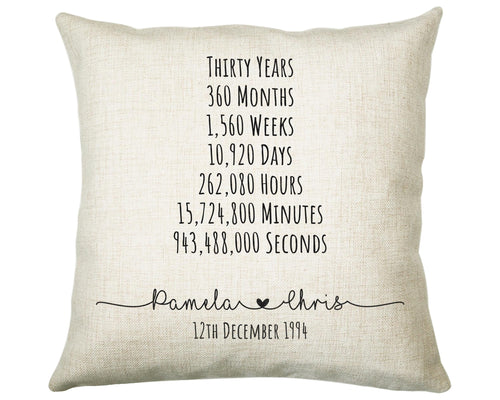Personalised 30th Anniversary Cotton Gift Cushion Thirty Years Custom Design Gift Valentines Present - Wedding Cushion Pillow Gift CS556