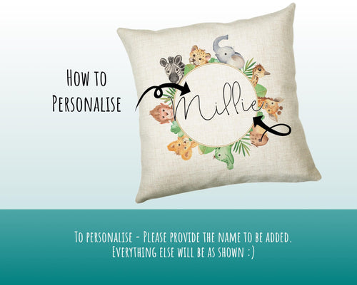 Personalised Safari Animals Cushion Gift Printed Name Design - Cushion Throw Pillow Gift For Boy Girl Nursery Bedroom Christmas Gift CS070