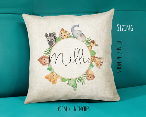 Personalised Safari Animals Cushion Gift Printed Name Design - Cushion Throw Pillow Gift For Boy Girl Nursery Bedroom Christmas Gift CS070