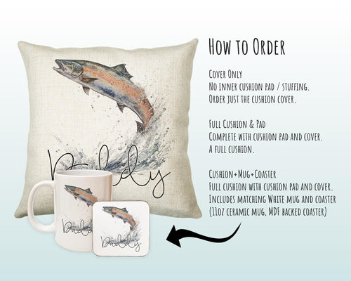 Personalised Fathers Day Gift Leaping Salmon Cushion Gift Printed Name Design - Cushion Throw Pillow Gift For Fishing Lover Fisherman CS550
