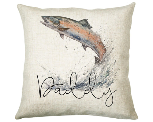 Personalised Fathers Day Gift Leaping Salmon Cushion Gift Printed Name Design - Cushion Throw Pillow Gift For Fishing Lover Fisherman CS550