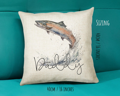 Personalised Fathers Day Gift Leaping Salmon Cushion Gift Printed Name Design - Cushion Throw Pillow Gift For Fishing Lover Fisherman CS550