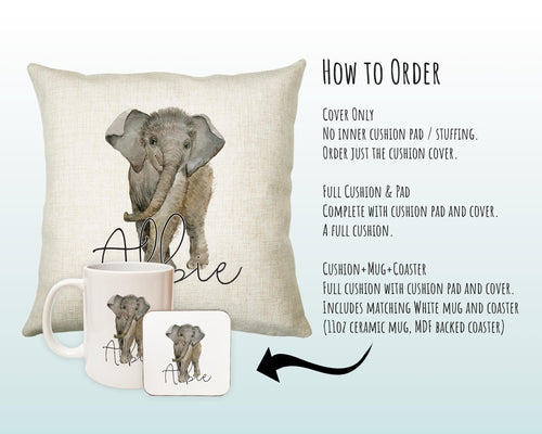 Personalised Elephant Giraffe Cushion Gift - Printed Name Design Safari Cushion Throw Pillow Gift Boy Girl Kids Bedroom Birthday Gift CS174