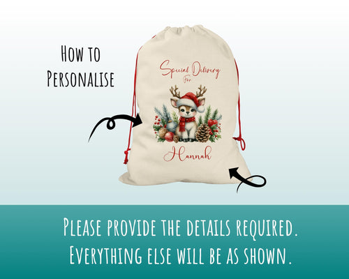 Personalised Christmas Sack - Santa Sack for Kids Presents Xmas Reindeer Pine Cone Design Stocking Christmas Eve Bag for Girls & Boys XS016