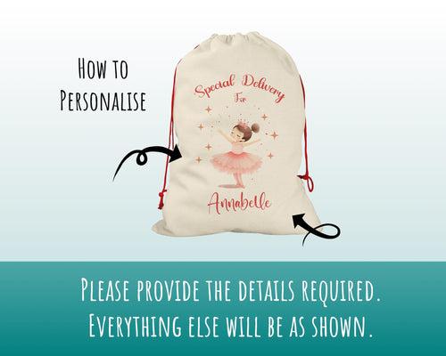 Personalised Christmas Sack - Santa Sack for Kids Presents Xmas Pink Ballerina Design Stocking Christmas Eve Bag Box for Girls & Boys XS007