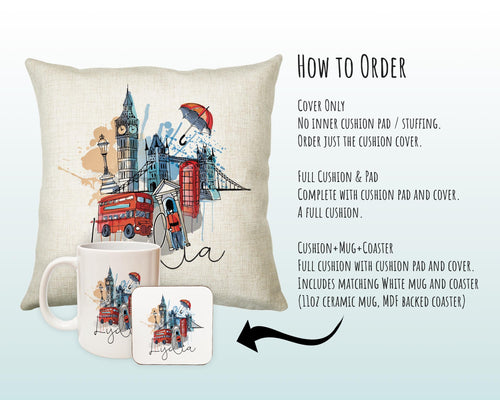 Personalised London City Watercolour Cushion Custom Design Gift Valentines Present - London Landmark Pillow Gift CS313
