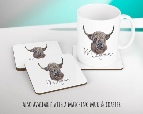 Personalised Highland Cow Cushion Gift Printed Name Design - Cushion Throw Pillow Gift Scottish Cattle Design CS306