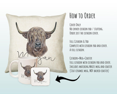 Personalised Highland Cow Cushion Gift Printed Name Design - Cushion Throw Pillow Gift Scottish Cattle Design CS306