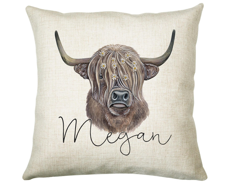 Personalised Highland Cow Cushion Gift Printed Name Design - Cushion Throw Pillow Gift Scottish Cattle Design CS306