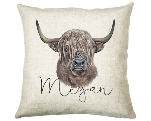 Personalised Highland Cow Cushion Gift Printed Name Design - Cushion Throw Pillow Gift Scottish Cattle Design CS306