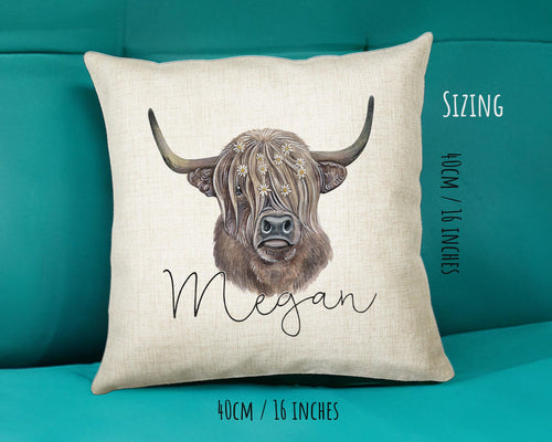 Personalised Highland Cow Cushion Gift Printed Name Design - Cushion Throw Pillow Gift Scottish Cattle Design CS306