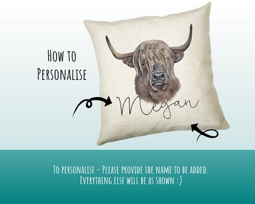 Personalised Highland Cow Cushion Gift Printed Name Design - Cushion Throw Pillow Gift Scottish Cattle Design CS306